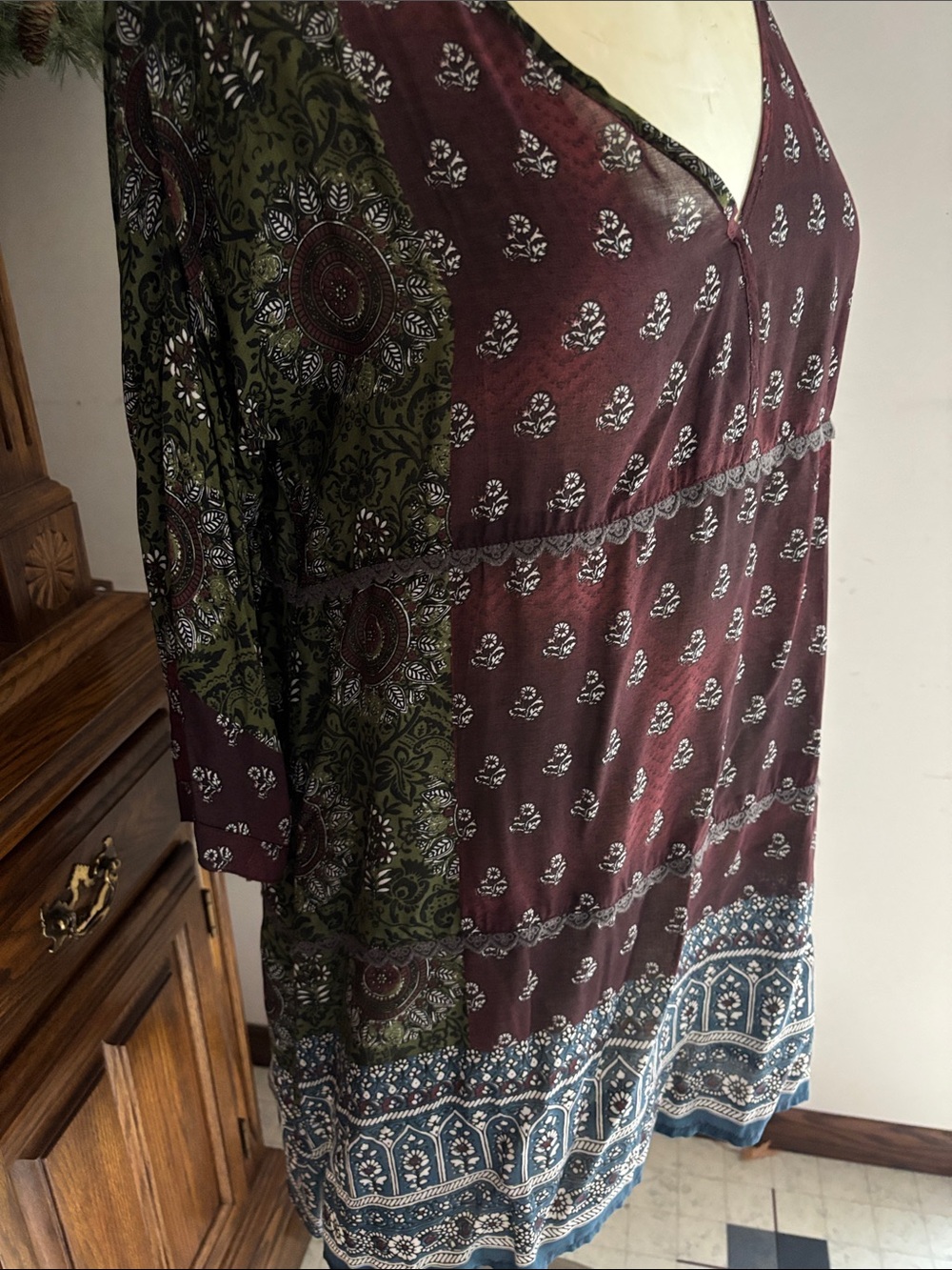 dylan Burgundy and Olive Patchwork V-Neck Tunic with Blue Hem